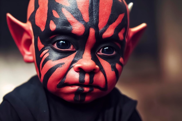 A child with black face paint and red eyes