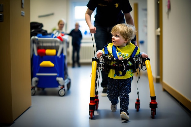 Child with cerebral palsy walking with a walking frame in physiotherapy