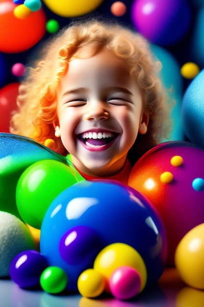 Foto un bambino con una pallina colorata in bocca