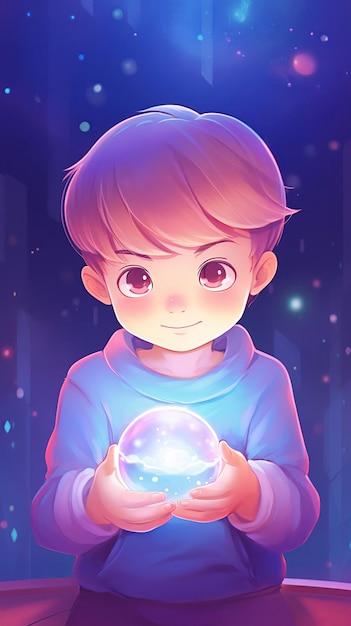 Photo a child with a crystal ball that shows the wonders of the universe gazing into galaxies