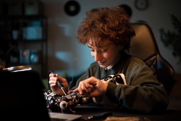 A child with curly hair sits at a desk working on soldering a robot fixing wires cables