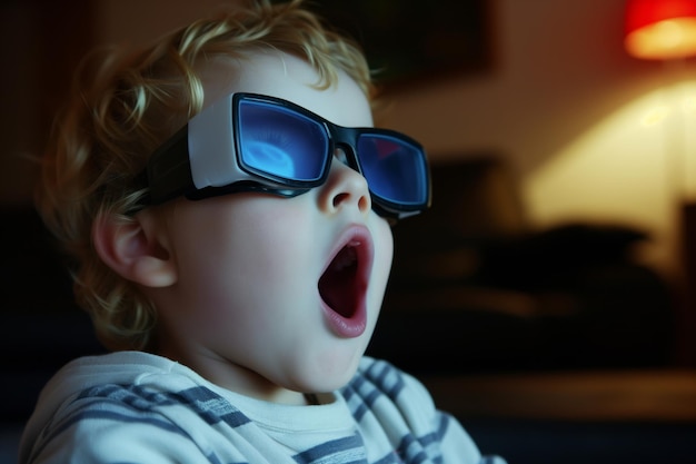 Child with d glasses mouth agape watching a screen