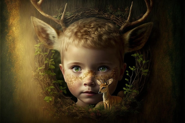 A child with a deer head in a tree