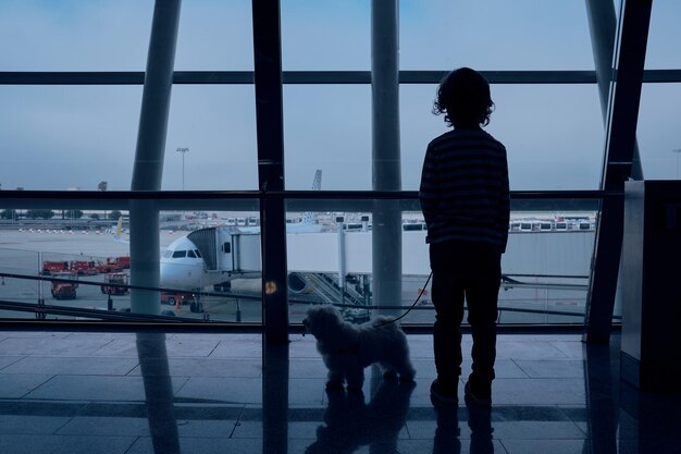 Child with dog looking at plane in evening
