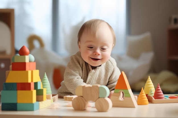 ребенок с синдромом Дауна играет с образовательными игрушками и улыбается