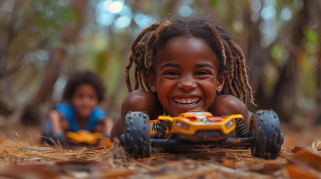 a child with dreadlocks is smiling and holding a toy car