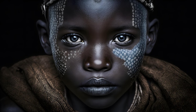 A child with a face painted in the african traditional style