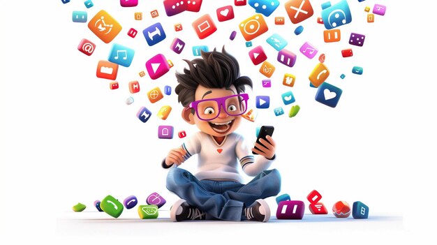 a child with glasses and a cell phone in front of a bunch of icons with the word internet on it