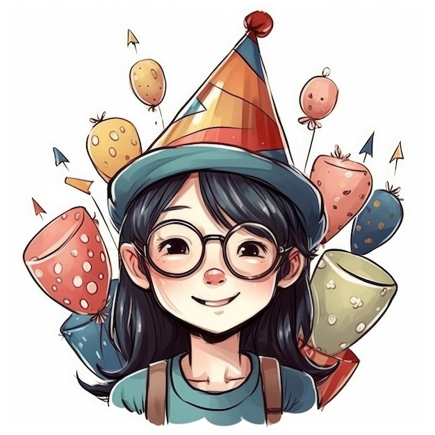 A child with glasses and a hat is celebrating her birthday cartoon illustration with generative ai