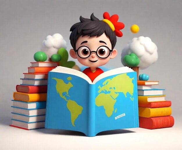 Foto un bambino con gli occhiali che legge un libro con la parola mondo sul davanti