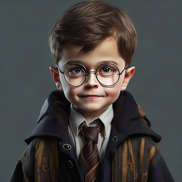 A child with glasses and a tie that says harry potter.