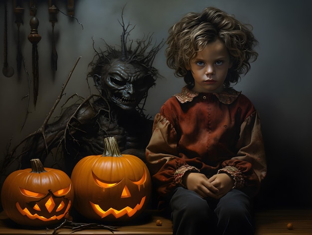 ハロウィンの衣装を着た子供がハロウィンの準備をしている南瓜の隣に座っている