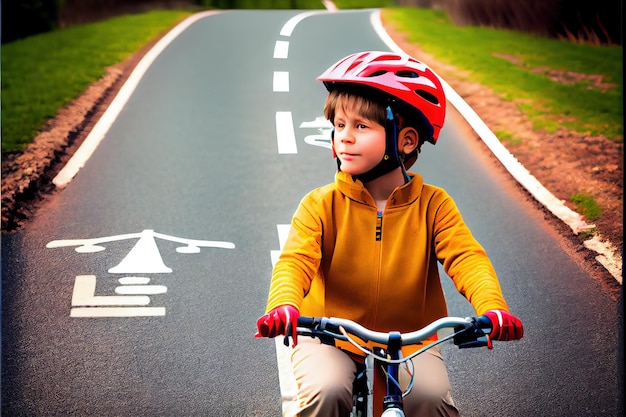 自転車道でヘルメットをかぶった子供のリアルな写真 _1jpg