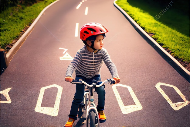 Child with helmet on bicycle path realistic photo jpg