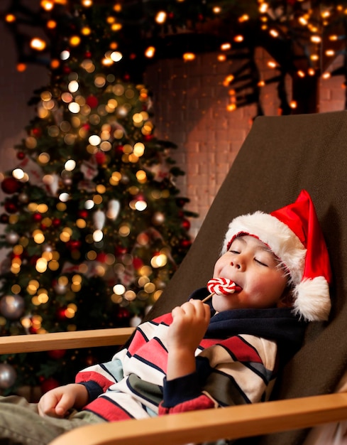 a child with a lollipop sits in a chair on the background of the Christmas tree