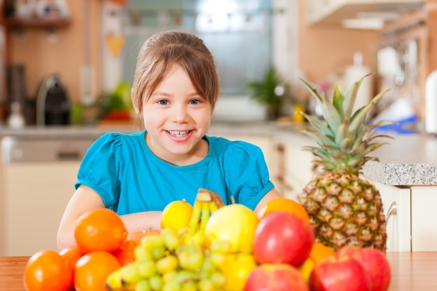 Child with lots of fruits for breakfast food