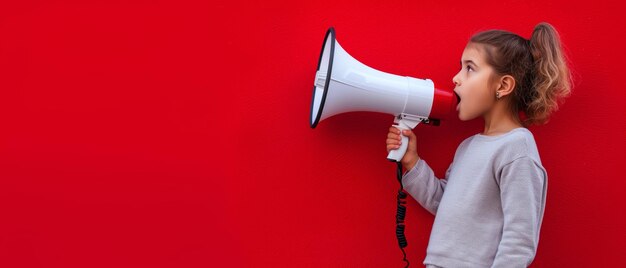 Photo child with megaphone stands out against bright red background commanding attention