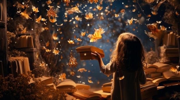 Child with open book and wonders flying around