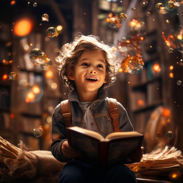 Child with Open Book and Wonders Flying Around