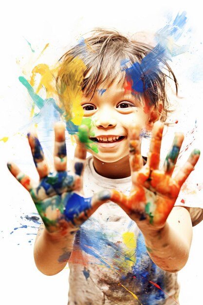 a child with paint on his hands is painted with the colors of the rainbow