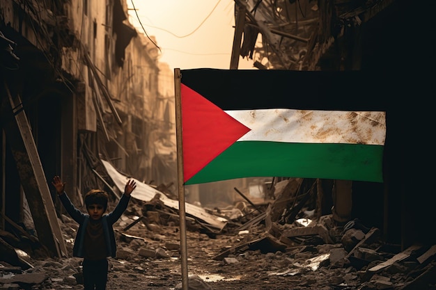 Child with Palestine flag waving in the wind in front of an abandoned building