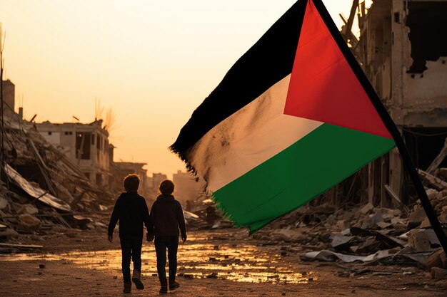 Child with Palestine flag waving in the wind in front of an abandoned building