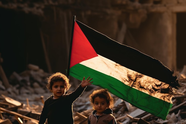 Child with Palestine flag waving in the wind in front of an abandoned building