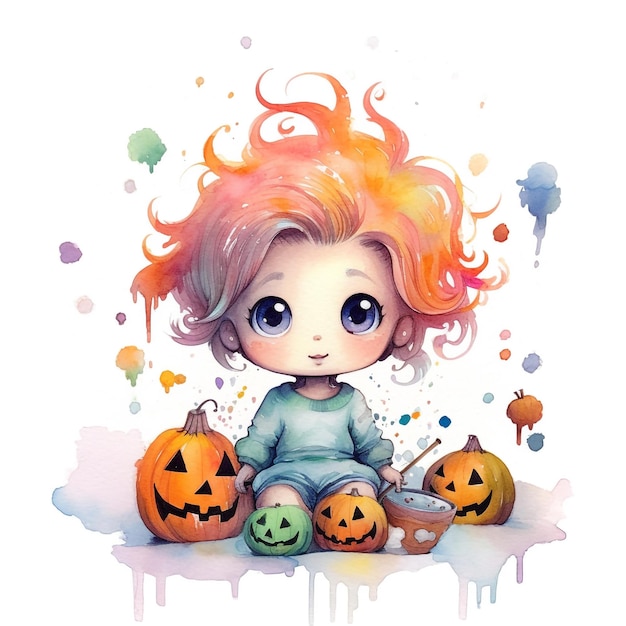 A child with pumpkins and a halloween costume