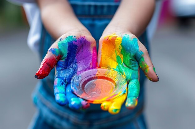 Photo child with rainbow painted hands holding a paper plate