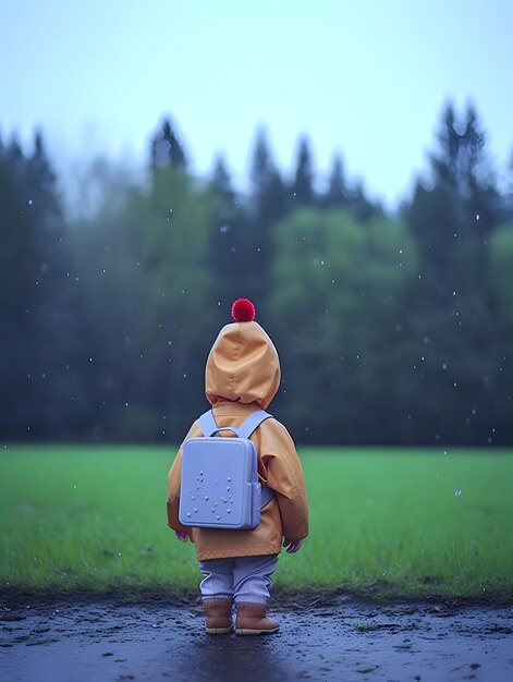 Child with raincoat and backpack Concept of back to school AI generated