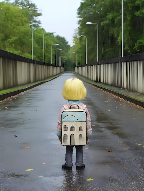 Child with raincoat and backpack Concept of back to school AI generated