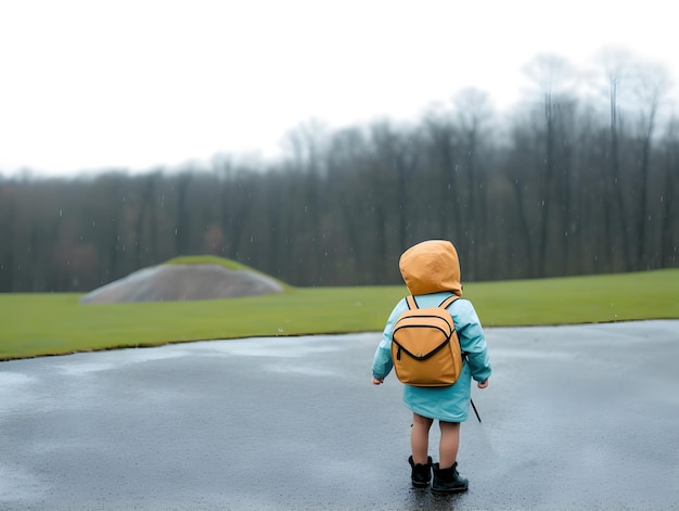 Child with raincoat and backpack Concept of back to school AI generated