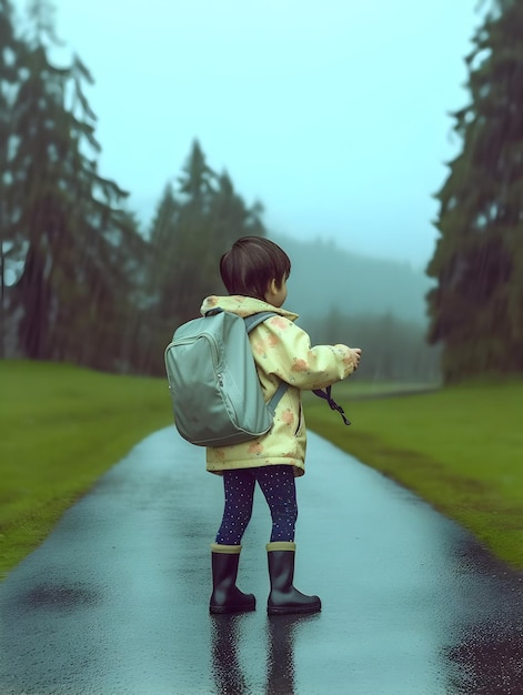 Child with raincoat and backpack Concept of back to school AI generated