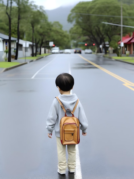 Child with raincoat and backpack Concept of back to school AI generated