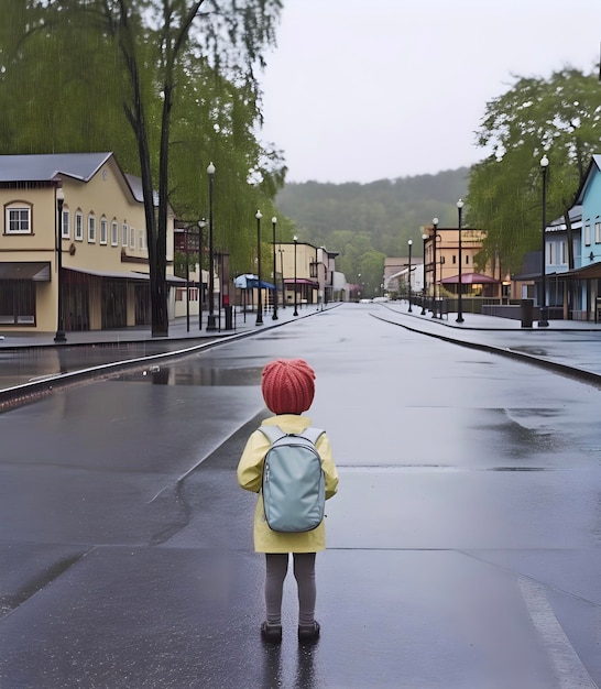 Child with raincoat and backpack Concept of back to school AI generated