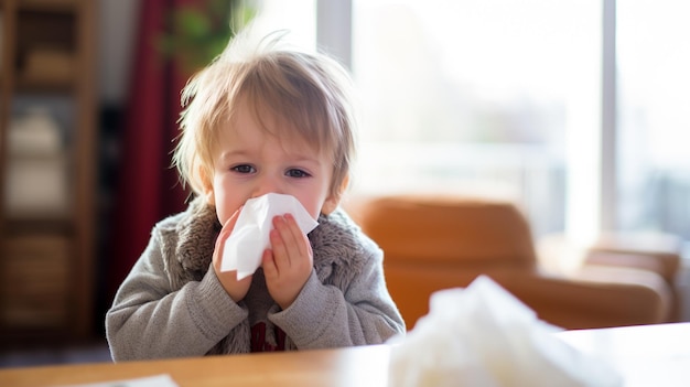 A child with Runny or stuffy nose flu illness disease symptoms ill