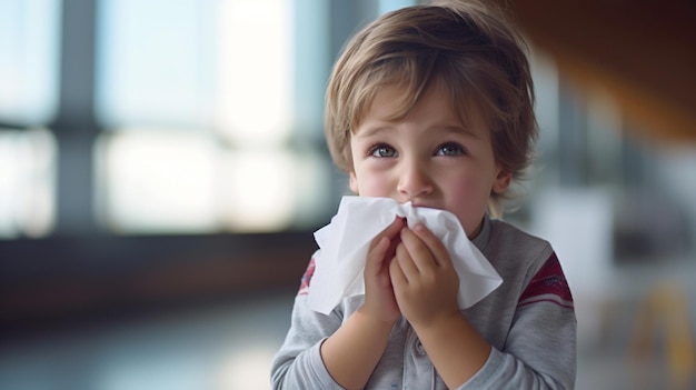 A child with Runny or stuffy nose flu illness disease symptoms ill