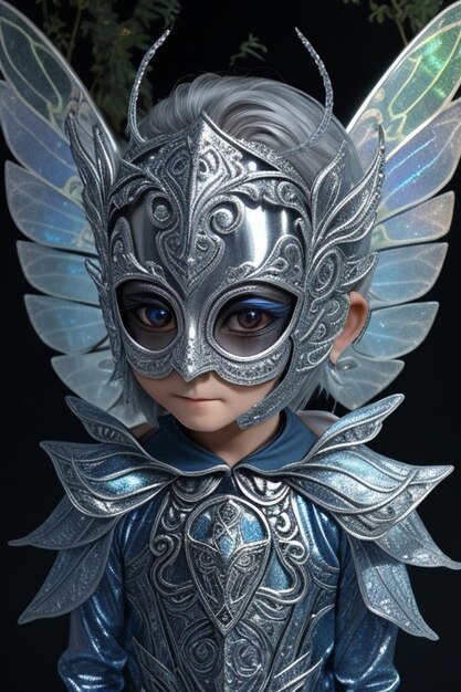 A child with a silver mask and blue eyes is wearing a silver metal mask with blue eyes