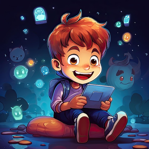 Child with smartphone and cartoon app