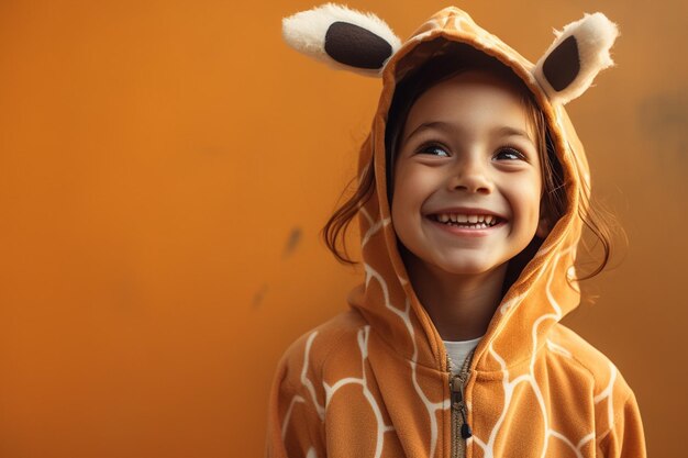 A child with smile expression wearing animal costume