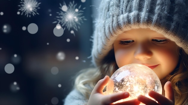 Child with a snow globe the miniature winter wonderland fascinating and enchanting to the eyes