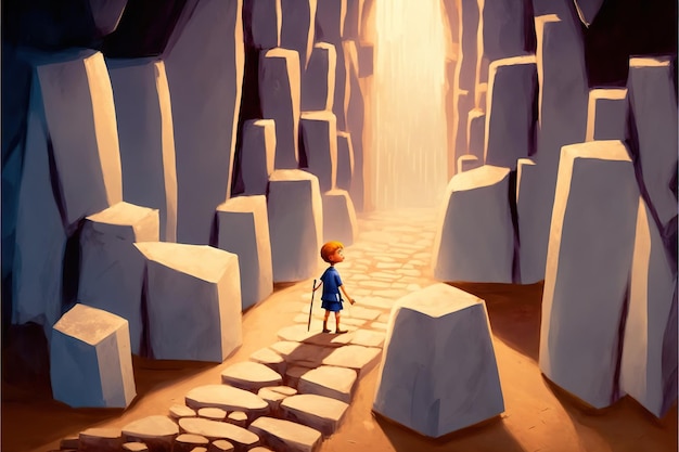 Child with spear standing in a cave full of many futuristic stone blocks digital art style illustration painting fantasy concept of a child with spear