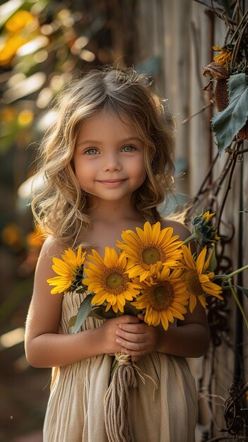 Child with sunflowers golden hour light Application Area Seasonal greeting cards agricultural promot