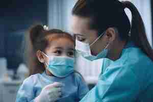 Photo a child with a surgical mask and a nurse wearing surgical gloves