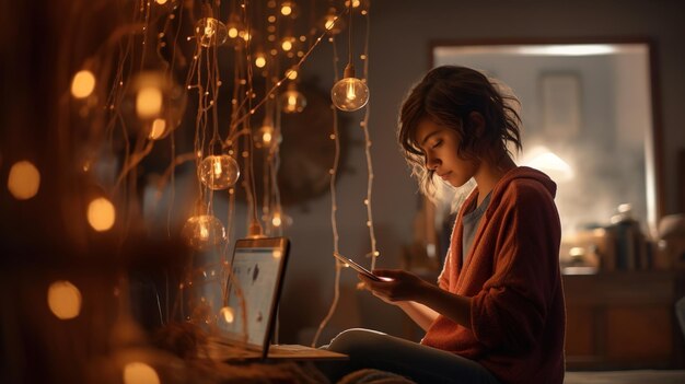 Child with tablet under warm lights