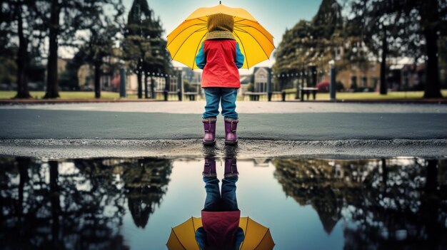 Foto bambino con l'ombrello naviga nelle pozzanghere sotto la pioggia estiva