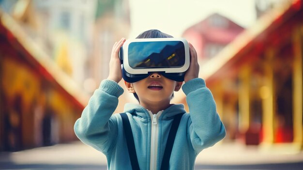 Child with virtual reality goggles dream trip around the world AI Generative