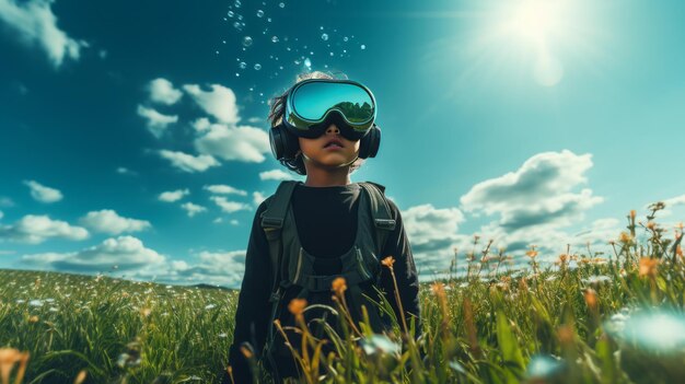 Photo child with vr glasses in the middle of a green meadow futuristic background