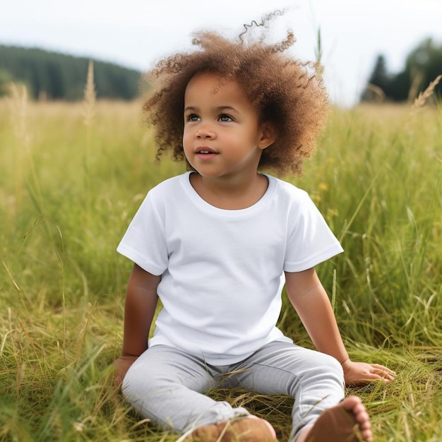 A child with a white shirt that says " i'm a " on the front.