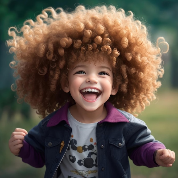 Photo a child with wild curly hair and a big smile